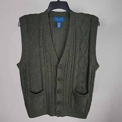 Vintage Sweater Cardigan Vest Mens Medium Green Cable Knit Vneck Casual Argyle  • $27.50