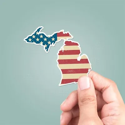 Michigan American Flag State Outline Vinyl Sticker - Patriotic Travel USA • $3.88