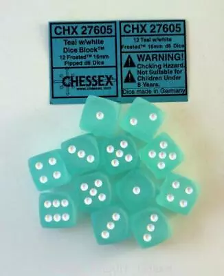 Chessex Dice D6 Sets 16mm Frosted Teal W/ White Six Sided Die 12 Set CHX 27605 • $9.78