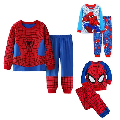 Kids Boys Spiderman Pyjamas Outfits Long Sleeve T-shirts Pants Nightwear Set PJs • £7.99