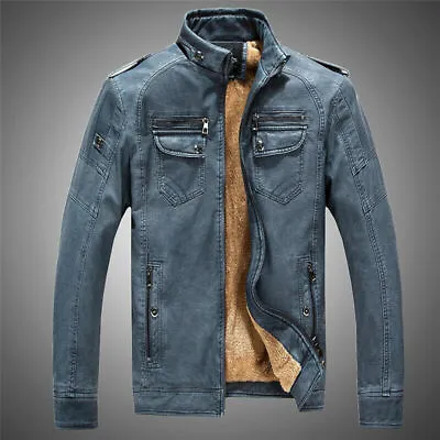 Winter Men PU Leather Jacket Fleece Faux Fur Coat Short Warm Motorcycle Wear • $133.20