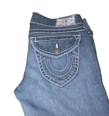 True Religion Jeans Womens 29x34 Mid -Rise Boot Cut Med Wash Flap Stitch Pockets • $19