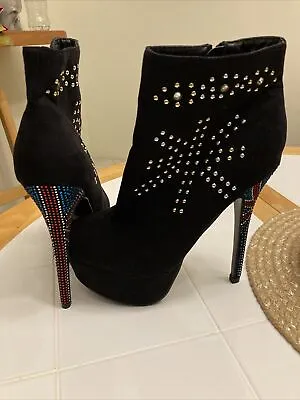 Machi Platform Black With Union Jack Rhinestone Stiletto Heel Boot Size 10 • £26.99