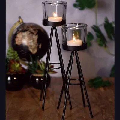 2 Metal Tripod Tealight Candle Stick Stand Glass Holder Set 8x19cm & 8x24cm Tall • £3.99