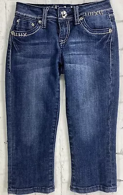 LA Idol Back Flap Pockets Bling Stretch Blue Jean Capris Girls Size 8 22X14 EUC • $19.67