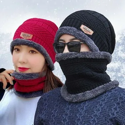 Beanie Warm Hat Scarf Neck Cover Set Winter Fleece Thick Knitted Cap Unisex UK • £3.85
