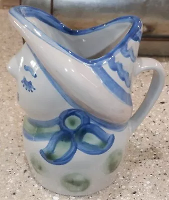 Vintage Rare MA  Hadley FACE Woman Hat Pitcher 7  Art Pottery Blue Folk Jug • $65