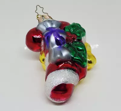 Mark Klaus Glass Ornament Double Sided Christmas Red Green Stocking Bow 2002 3  • $10