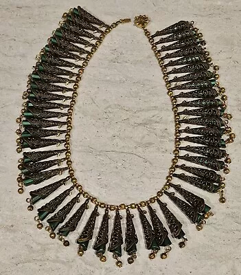 Vintage Dramatic Bib Choker Necklace Gold Tone W/Encased Green Cone Beads • $11.99