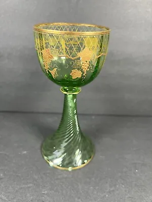 Antique Moser Green Gold Grape Leaf Enamel Bohemian Art Glass Wine Stem Goblet • $45