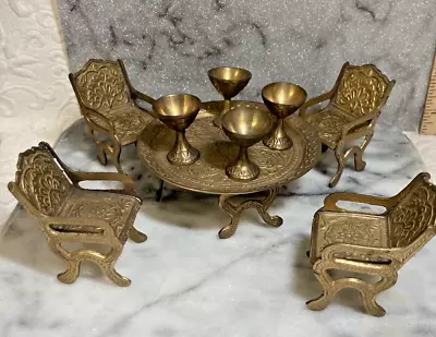 Brass Miniature Dollhouse Furniture Table 4 Chairs & 4 Cups India • $14.99