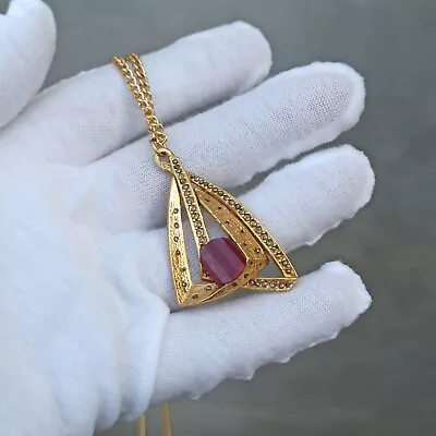Vintage Tested Ruby Necklace Pendant Gold Tone Long Artistic Marcasite Art Deco • $47.20
