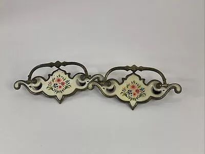 Set Of (2) BPC1910 Drawer DROP BAIL Pull Handle BRASS & Porcelain Hand Painted • $24.99