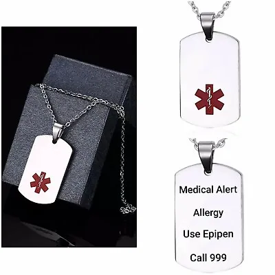 Allergy Use Epipen Medical Alert Food Necklace Stainless Steel Chain Dog Tag • £12.99