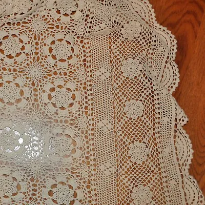 VTG Crocheted Lacey Bedspread Cream Floral Pinwheels Scalloped Edge 93  X 96  • $79.99