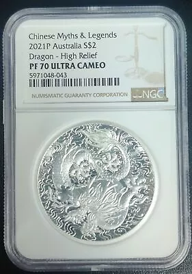 $244 • Buy 2021 Australia Chinese Myths & Legends Dragon 2oz Silver Coin PF 70