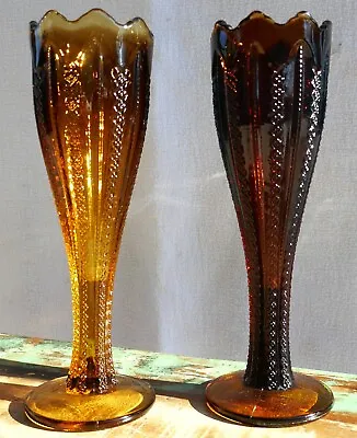 Tiara Indiana Glass Vintage Zipper Pattern Dark Amber/Burnt Honey Vase Set Of 2 • $29.99