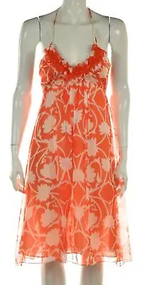 Original Milly Womens Dress Size 0 Orange White Floral Sheath Knee Length Halter • $34.99
