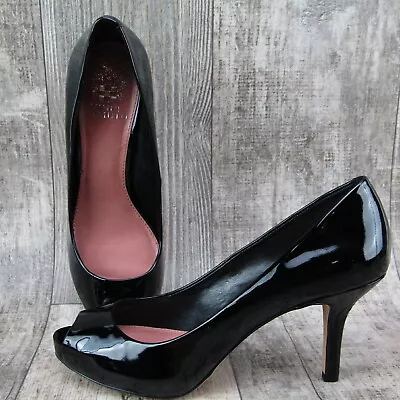 VINCE CAMUTO Kira Size 8.5 B Black Patent Leather Peep Toe Heel Platform Pumps • $24.99