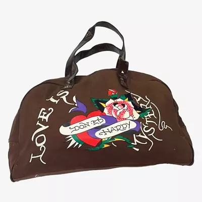 Vintage Don Ed Hardy 1971 Brown Duffle Bag   Love Is Mystery  Cloth Bowler Bag • $118.90