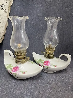 Pair Of Moss Rose Minature Oil Hurricane Oil Lamps • $29