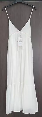 Zara White Thin Straps Midi Cotton Dress With Topstitching Size Xl Bnwt • £34.99