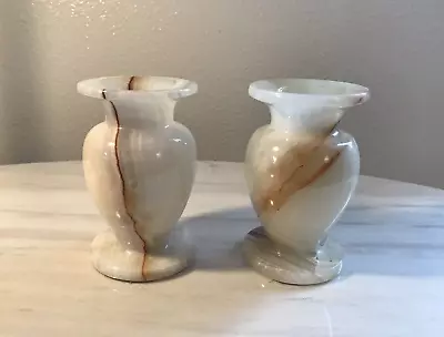 Onyx Natural Stone Agate Hand Carved Bud Vases Cream White Tan Marbling Pair • $39.97