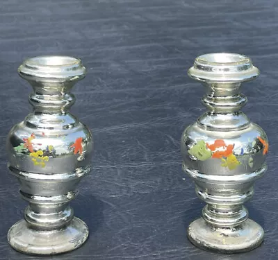 Charming Pair Of Early American Floral Polychromed Mercury Glass Candle Holders • $41.25