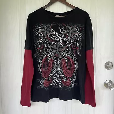 MMA Elite Layered Long Sleeve Thermal T-Shirt Size Large Y2K Grunge Black Red • $59.99