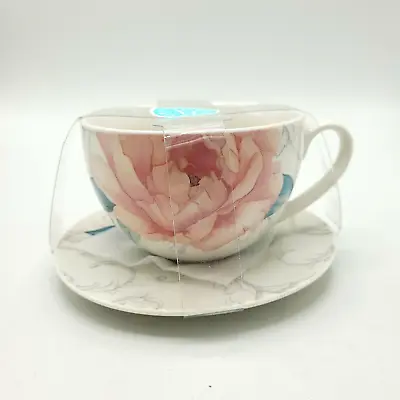 NEW Martha Stewart Ivory With Pink Peony Coffee Mug Tea Cup & Saucer 18 Oz • $15.95