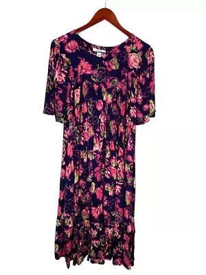 Go Softly Patio Womens House Dress MuMu CrinkleBlue Floral Rayon Pockets Size S • $24.95