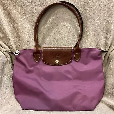 Longchamp Le Pliage Shopping Modele Depose Tote Long Handles Purple Mauve Used • $39.99