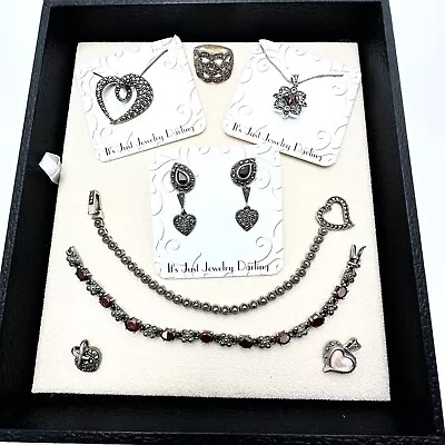 Womens Jewelry Lot Sterling Silver Marcasite Garnet Necklace Bracelet Earrings • $129.99