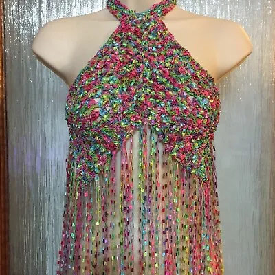 £10 • Buy ❤️Handmade Rainbow Crochet Halter Fringe Crop Top. Size 6/8 Festival Bralet Boho