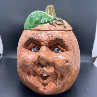 VTG 1989 Ceramic Funny Face Ceramic Cookie Jar Pumpkin Jack O Lantern HTF 8” • $74.99
