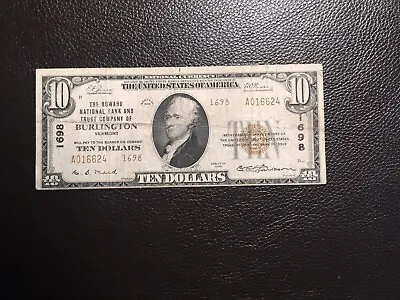 $10 National Bank Note Burlington Vermont Type Two Decent Condition • $135