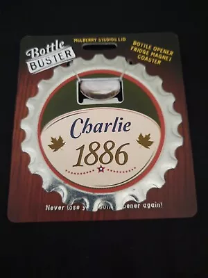 CHARLIE On BOTTLE BUSTER OPENER FRIDGE MAGNET 10cm Diameter On Card   • £4.99