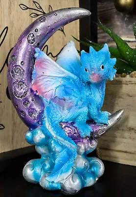 Pastel Blue Dream Baby Dragon Wyrmling Sitting On Purple Crescent Moon Figurine • $17.99