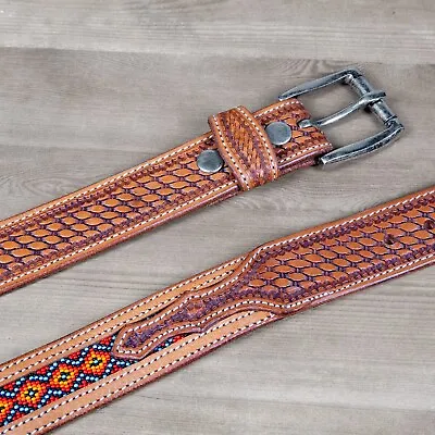 Beaded Western Belt Cowboy Rodeo Full Grain Leather Hand Tooled Removable Buckle • $49.99