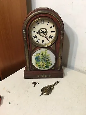 Antique Japanese Mantle Clock Welch Italian Copy Brass Trim Faux Wood Grain  • $74.99