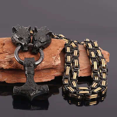 Men’s Stainless Steel Wolf Chain&Viking Thor Hammer Mjolnir Pendant Necklace • $8.99