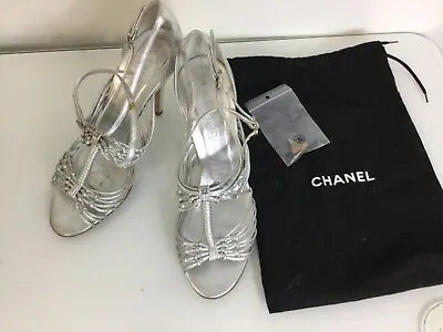 Chanel Womens Silver Strappy Vintage  Sandals Size 39.5 • $142.50