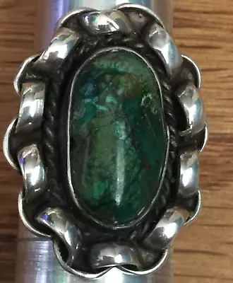 Vintage Navajo Green Turquoise Ring Size 7 Sterling Silver Ribbon Native 8 Gm  • $125.95