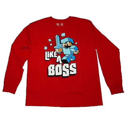 Minecraft OFFICIAL T-Shirt Like A Boss Youth Premium Long Sleeved Red Kids • £9.95