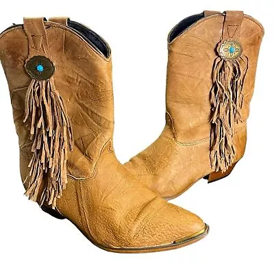 Vintage Women's Leather Aztec Western Heeled Boots Tan Fringe Metal Accent S 8.5 • £56.44