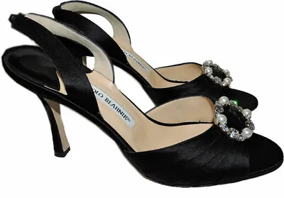 MANOLO BLAHNIK Sedaraby D'Orsay Sandals Slingbacks Black Crystal  Pumps Shoes 38 • $355.99