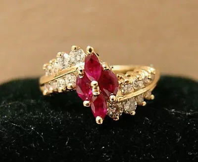 2Ct Marquise Cut Lab-Created Ruby&Diamond Engagement Ring 14K Yellow Gold Plated • $142.49