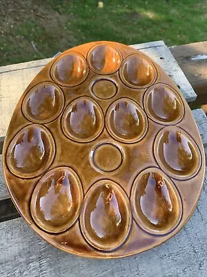 Vintage Deviled Egg Plate Brown MCM Egg  Shape 12 Eggs USA Ceramic • $9.99