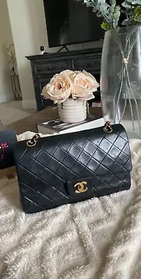 Chanel Vintage Classic Double Flap Bag Quilted Lambskin Medium Black • $3675