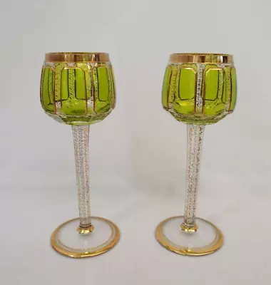 Vintage Moser GREEN CABOCHAN 8 Panels Bohemian Wine Glass Pair GOLD Set Of 2 • $250